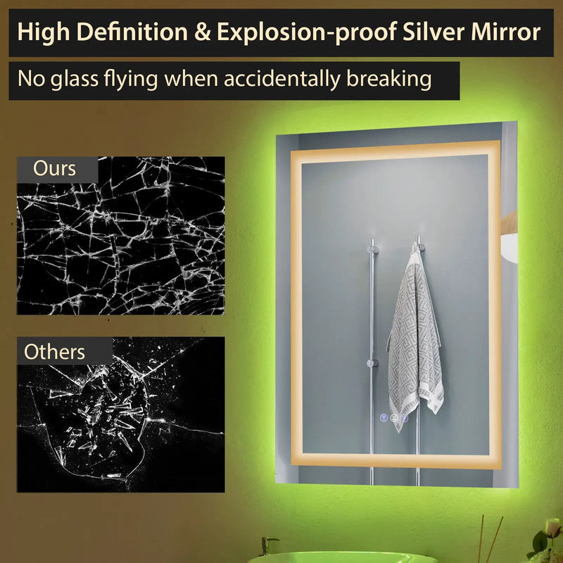 32 Inch x 24 Inch Bathroom Anti-Fog Wall Mirror with Colorful Light by DirectDeals