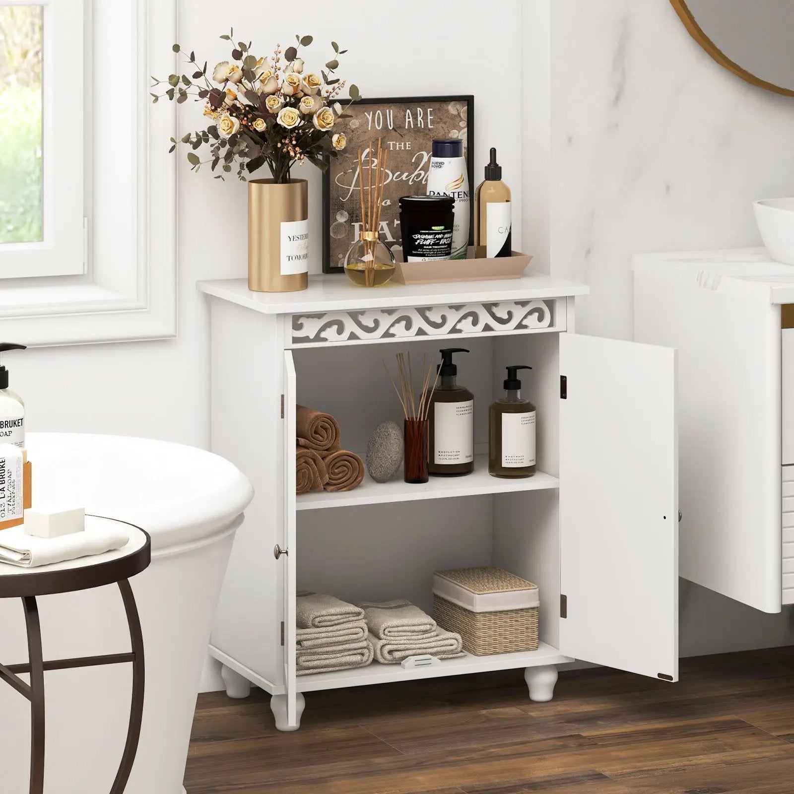 Freestanding Bathroom Cabinet Floor Storage Organizer with Adjustable Shelf and Solid Wood Legs-White by DirectDeals