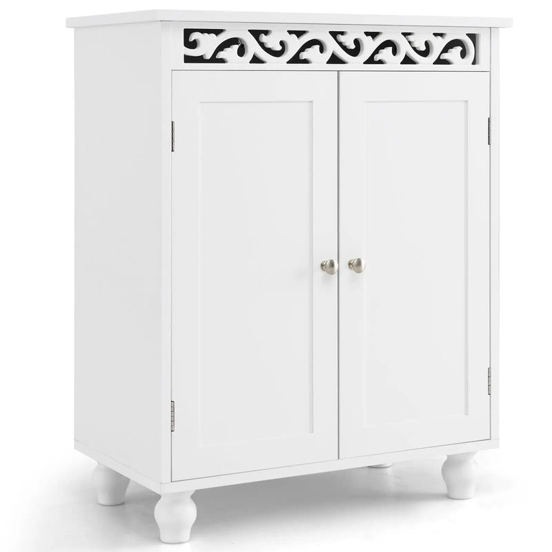 Freestanding Bathroom Cabinet Floor Storage Organizer with Adjustable Shelf and Solid Wood Legs-White by DirectDeals