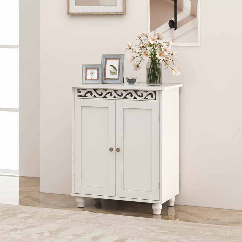 Freestanding Bathroom Cabinet Floor Storage Organizer with Adjustable Shelf and Solid Wood Legs-White by DirectDeals