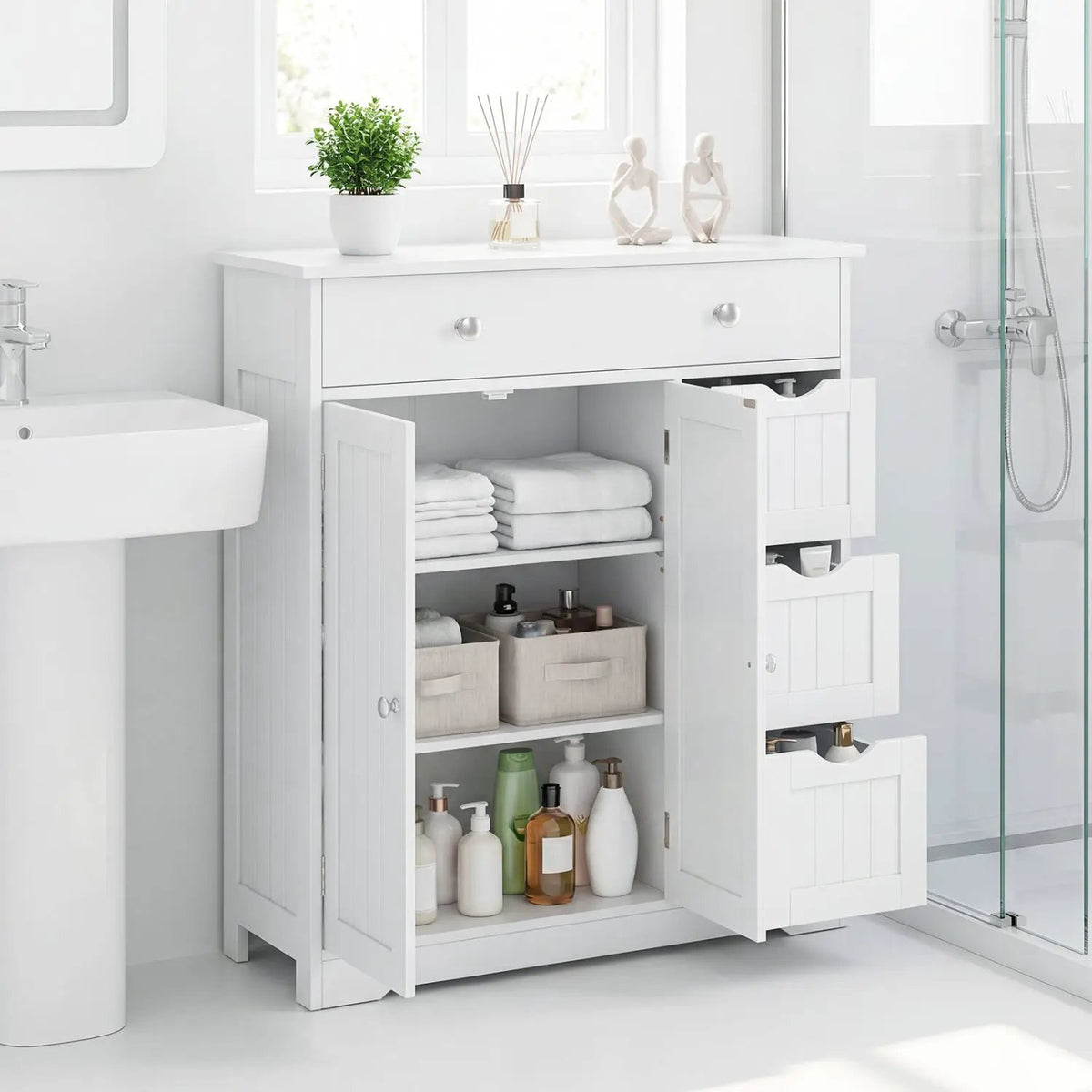 Bathroom Floor Cabinet with 4 Drawers and 2 Doors - White