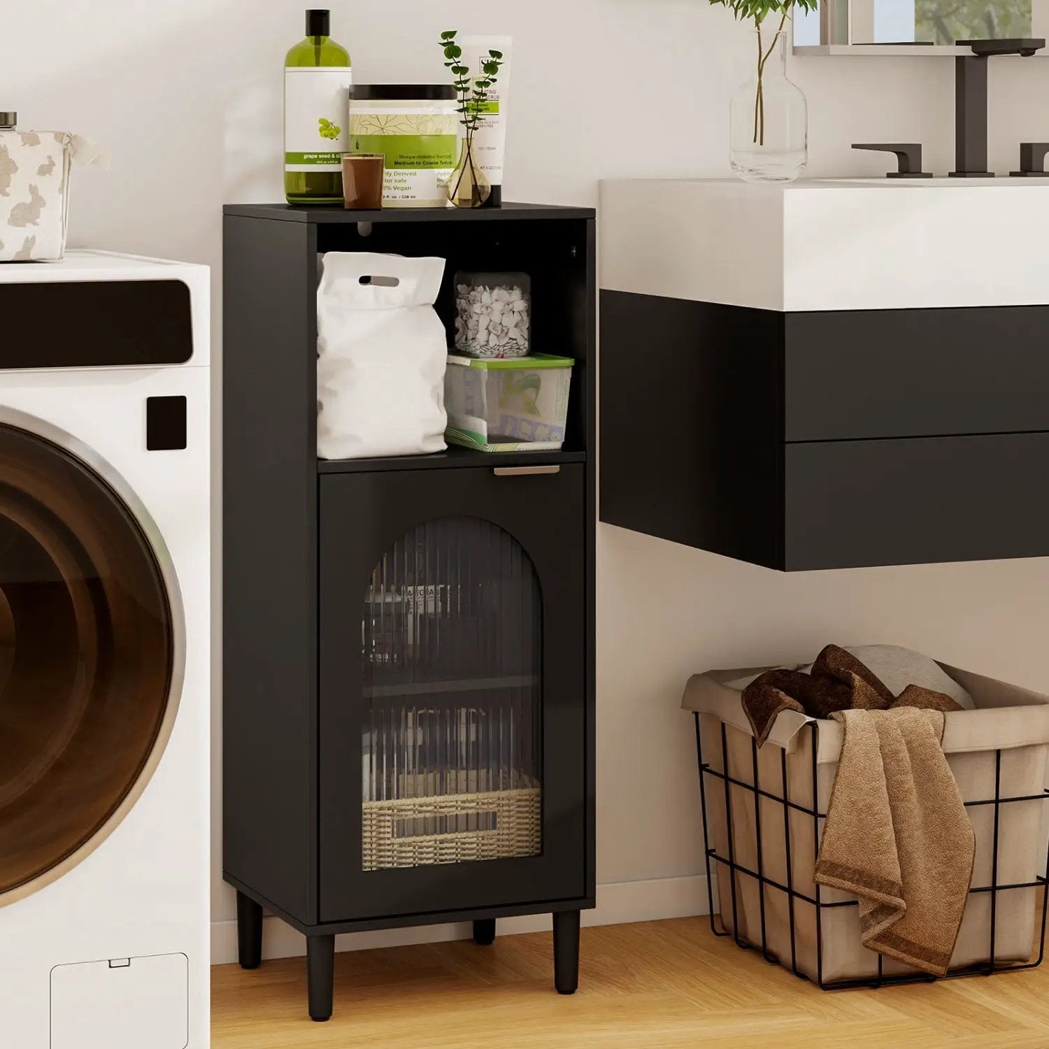 Bathroom Floor Cabinet with Adjustable Shelf and Glass Door by DirectDeals