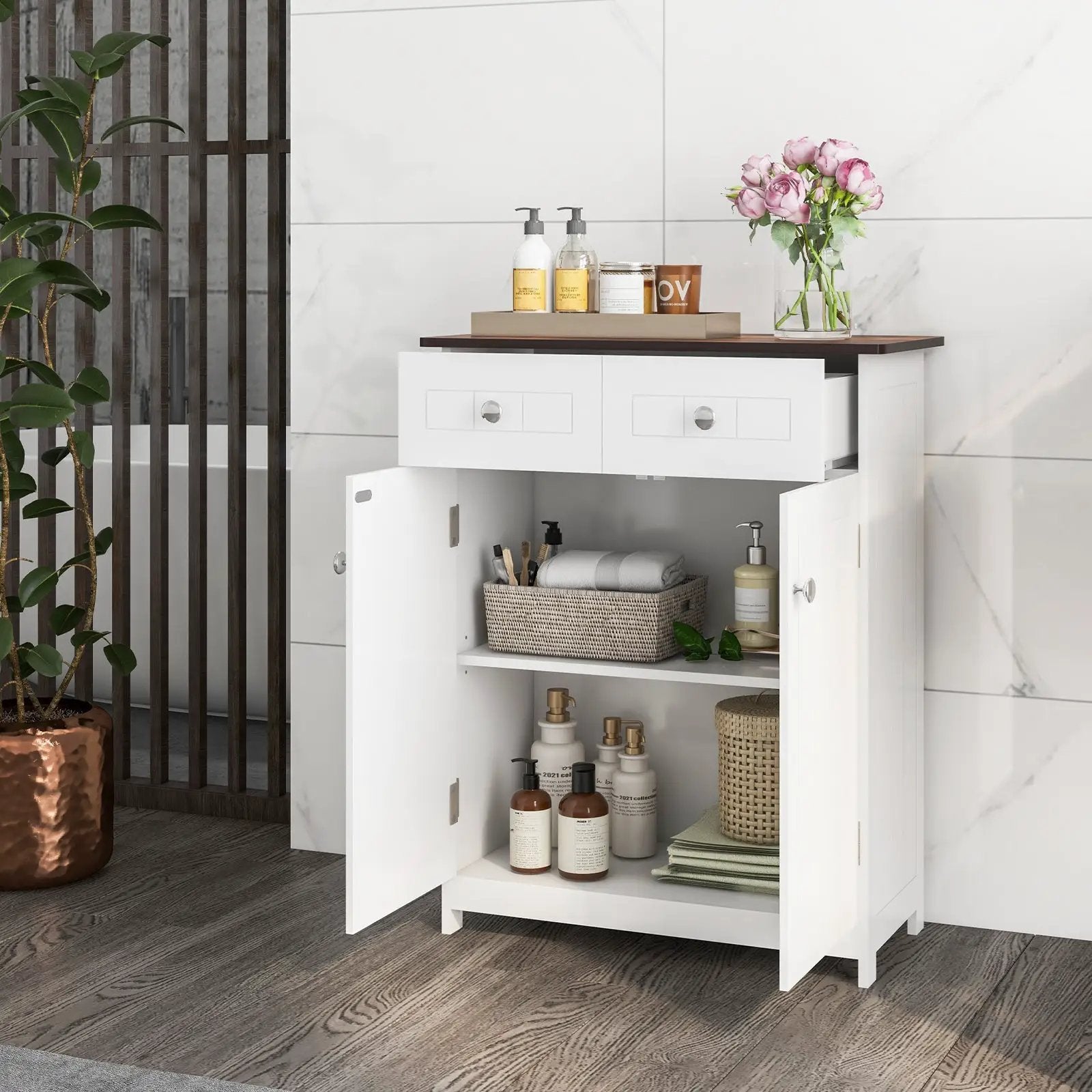 Freestanding Bathroom Floor Cabinet Storage Organizer with 2 Drawers-White by DirectDeals