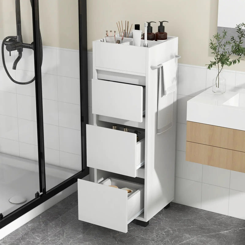 Bathroom Floor Cabinet with 3 Drawers 4 Top Dividers and 1 Towel Rack-White by DirectDeals