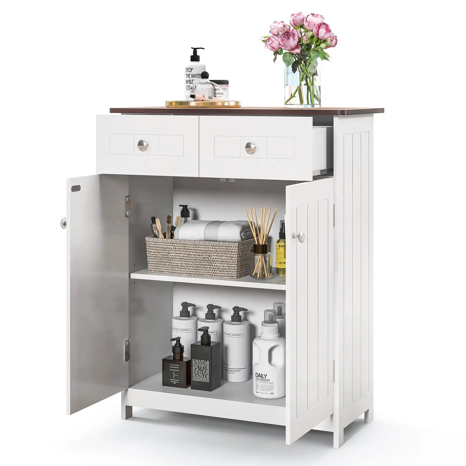 Freestanding Bathroom Floor Cabinet Storage Organizer with 2 Drawers-White by DirectDeals