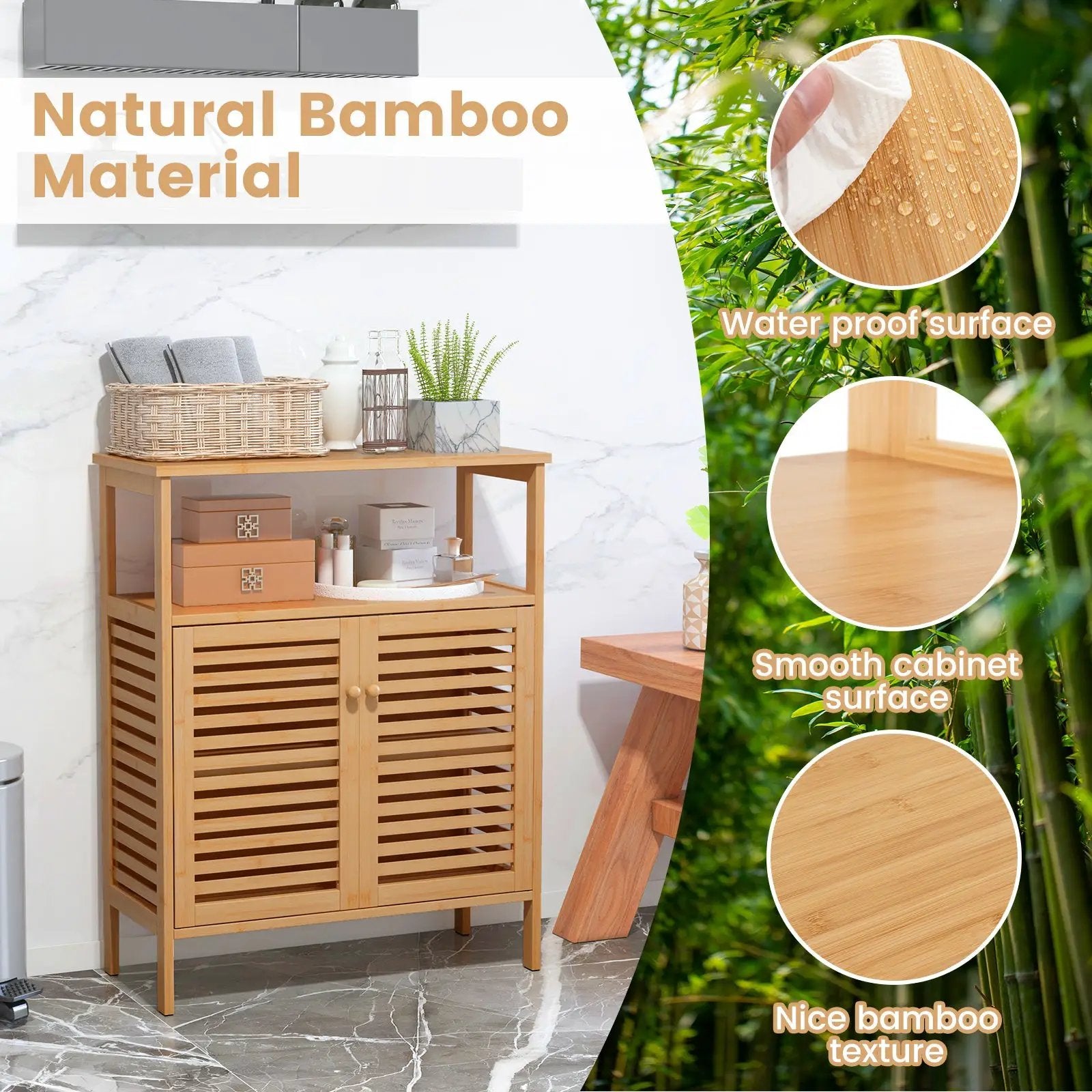 Bamboo Bathroom Floor Storage Cabinet with Shutter Doors-Natural by DirectDeals