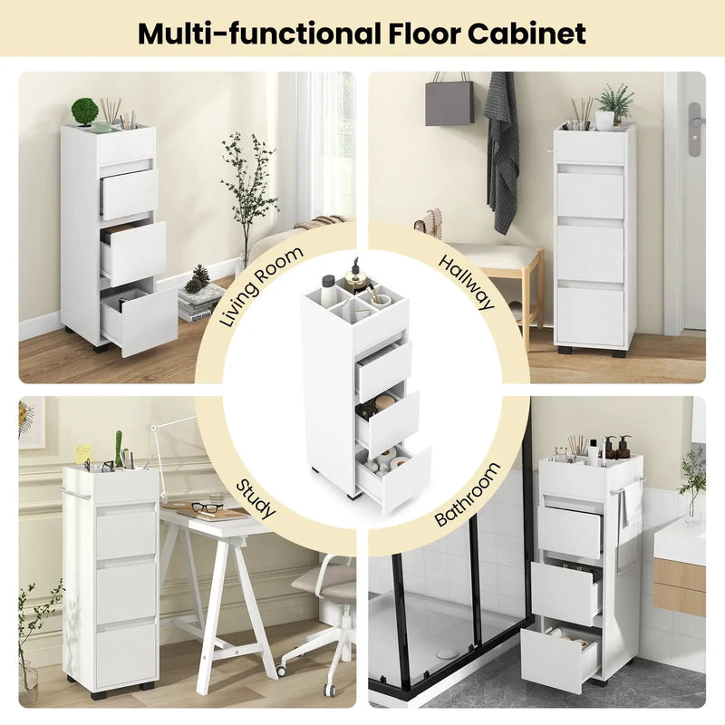 Bathroom Floor Cabinet with 3 Drawers 4 Top Dividers and 1 Towel Rack-White by DirectDeals