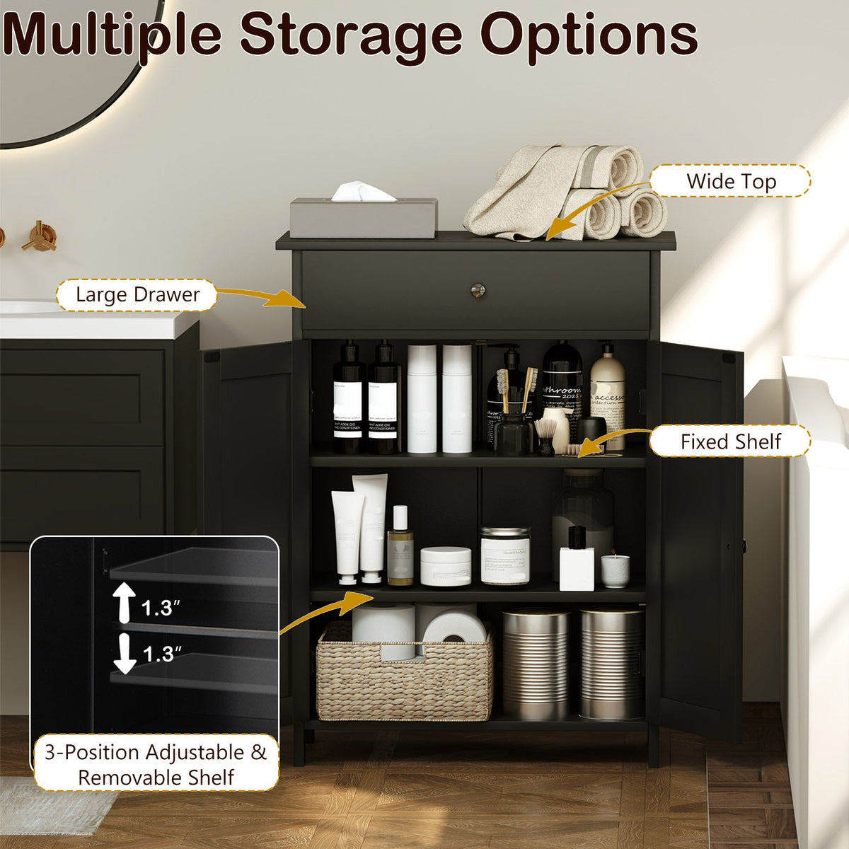 Bathroom Floor Cabinet Freestanding Storage Organizer with 2 Doors, photo 8 of 9