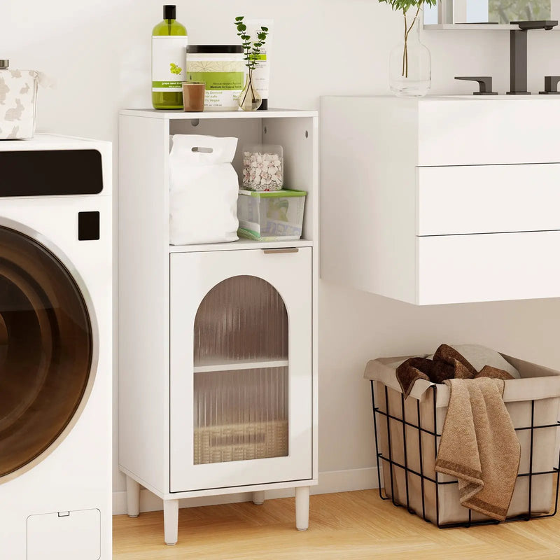 Bathroom Floor Cabinet Wood Side Storage Organizer with Adjustable Shelf-White by DirectDeals