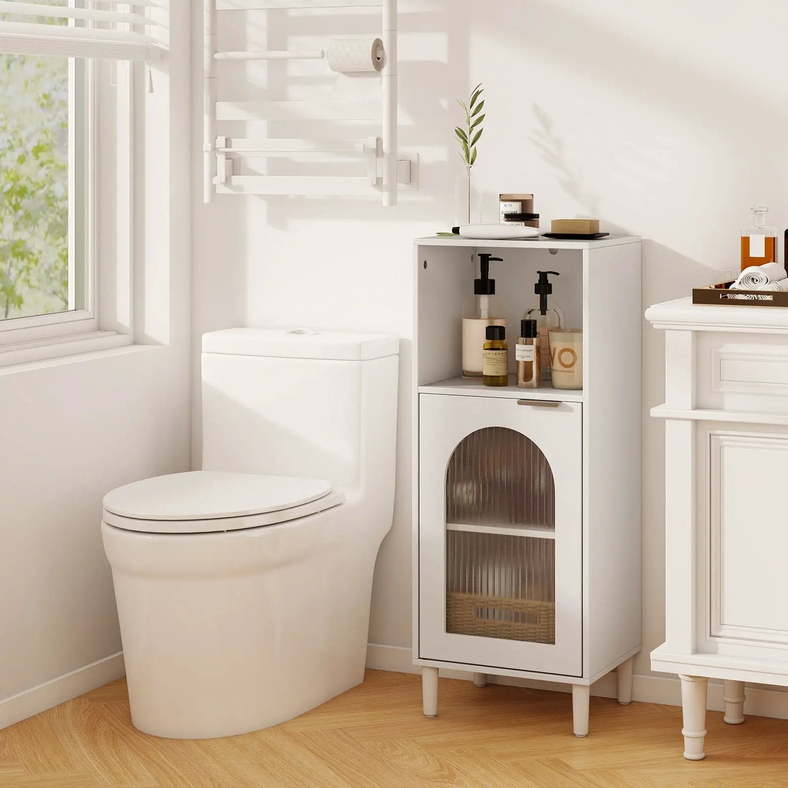 Bathroom Floor Cabinet Wood Side Storage Organizer with Adjustable Shelf-White by DirectDeals