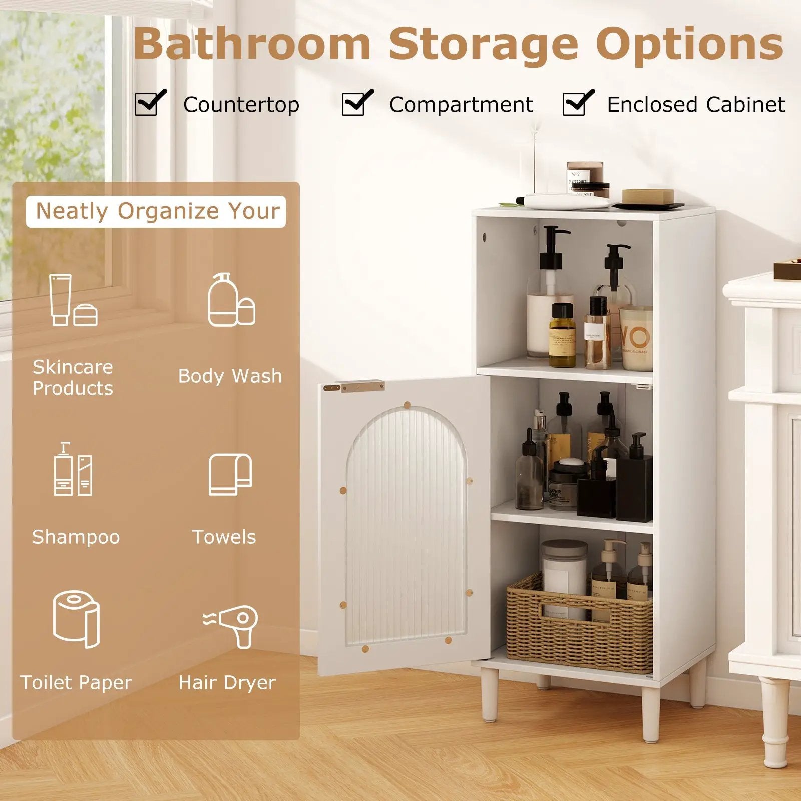 Bathroom Floor Cabinet Wood Side Storage Organizer with Adjustable Shelf-White by DirectDeals