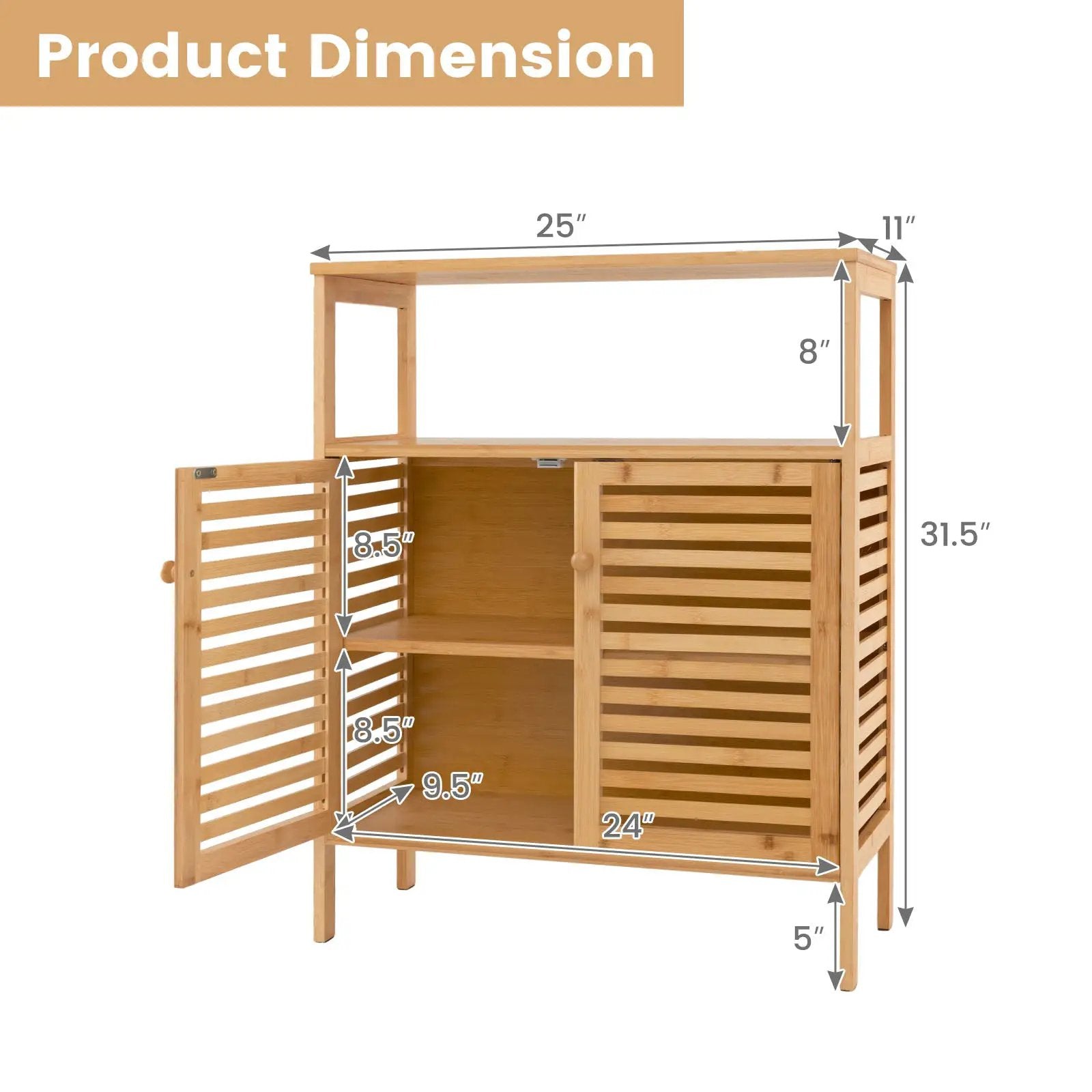 Bamboo Bathroom Floor Storage Cabinet with Shutter Doors-Natural by DirectDeals