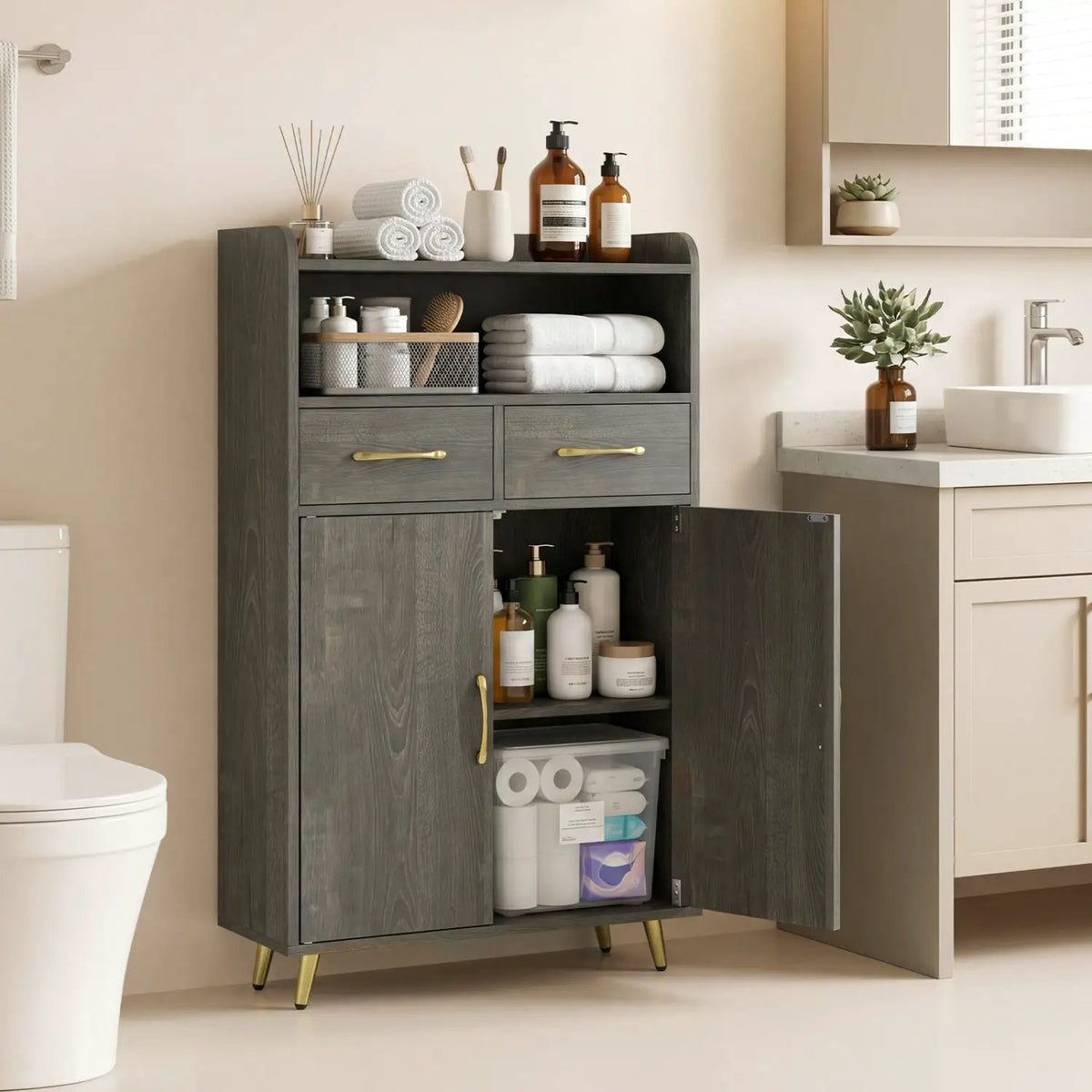 Freestanding Bathroom Storage Cabinet with 2 Drawers & Doors, photo 25 of 32