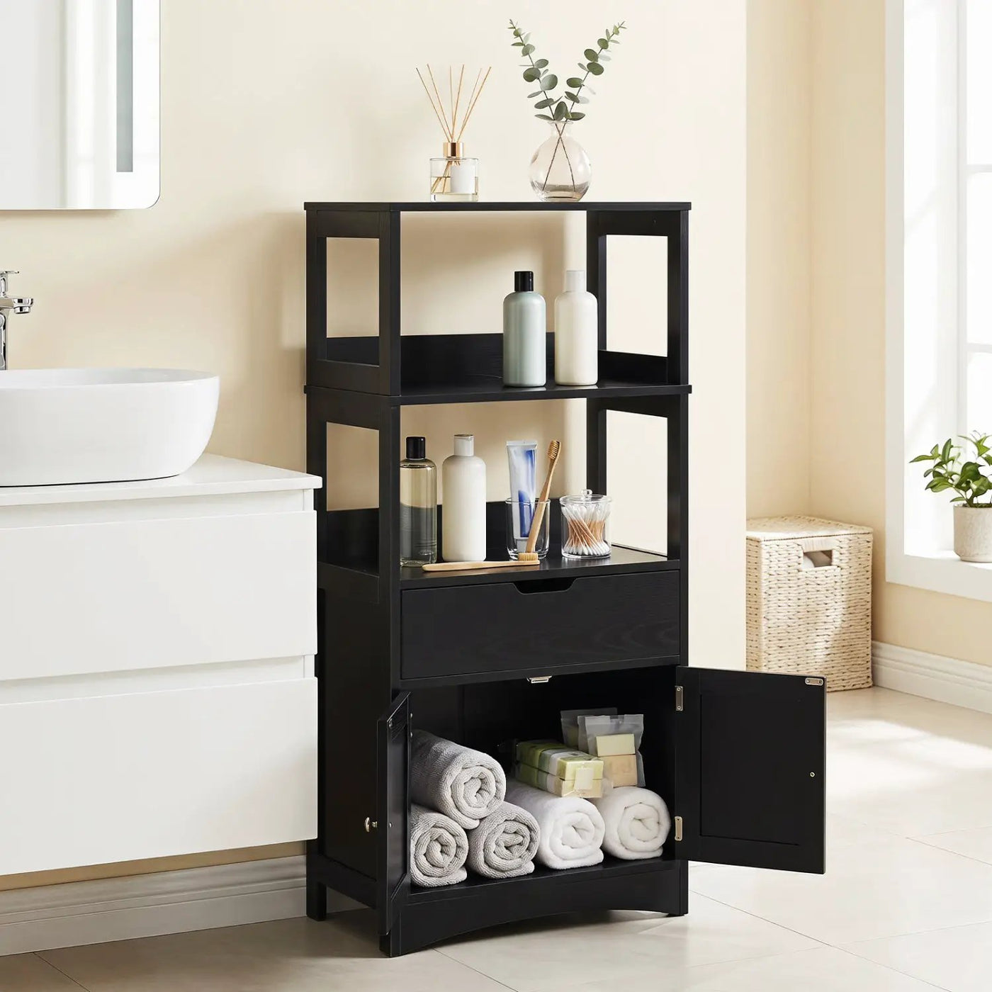 Bathroom Floor Cabinet with Open Shelves and Drawer by DirectDeals