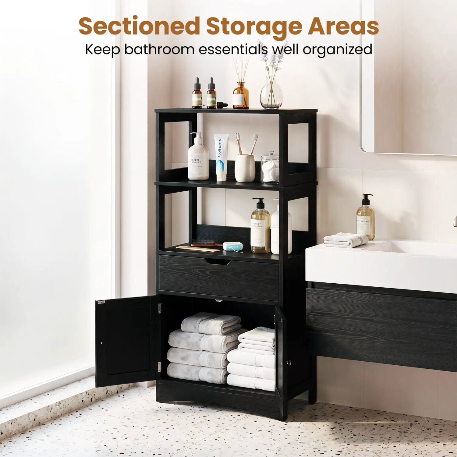Bathroom Floor Cabinet with Open Shelves and Drawer by DirectDeals
