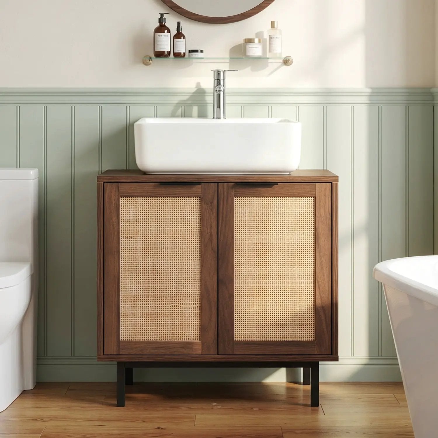 Bathroom Vanity Cabinet with Rattan Doors and U-Shaped Cut-Out by DirectDeals