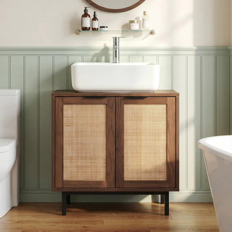 Bathroom Vanity Cabinet with Rattan Doors and U-Shaped Cut-Out by DirectDeals