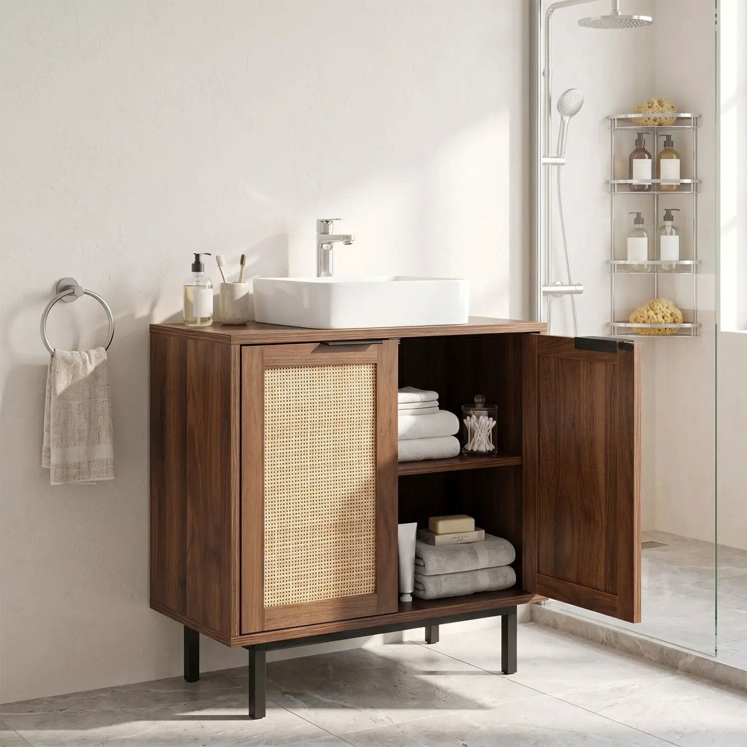 Bathroom Vanity Cabinet with Rattan Doors and U-Shaped Cut-Out by DirectDeals