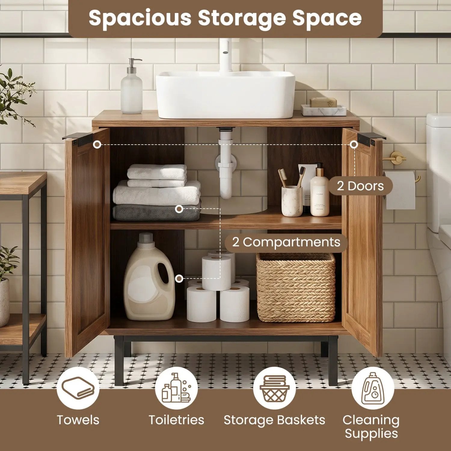 Bathroom Vanity Cabinet with Rattan Doors and U-Shaped Cut-Out by DirectDeals