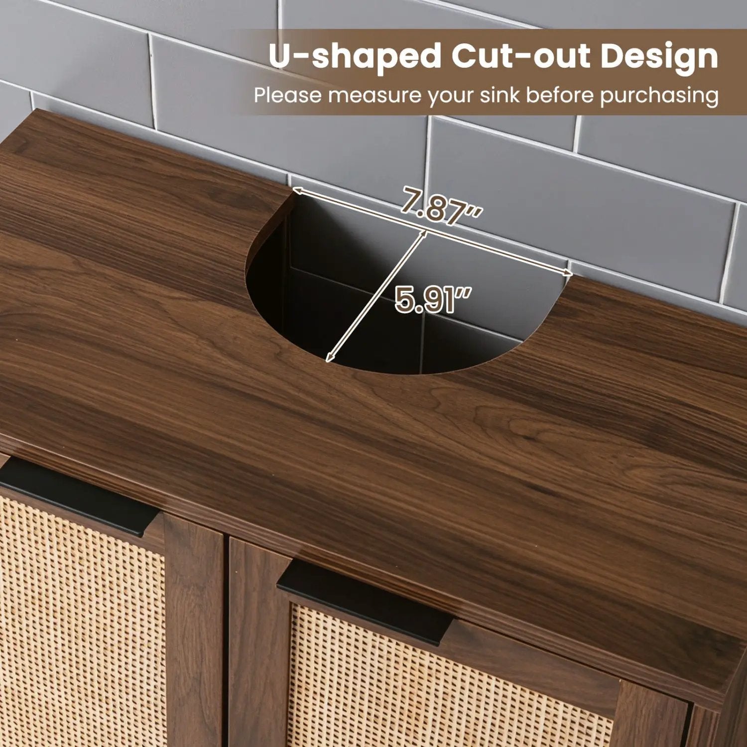 Bathroom Vanity Cabinet with Rattan Doors and U-Shaped Cut-Out by DirectDeals