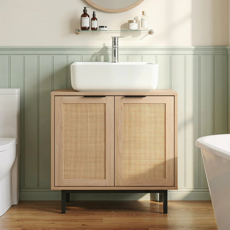 Bathroom Vanity Cabinet with Rattan Doors and U-Shaped Cut-Out by DirectDeals