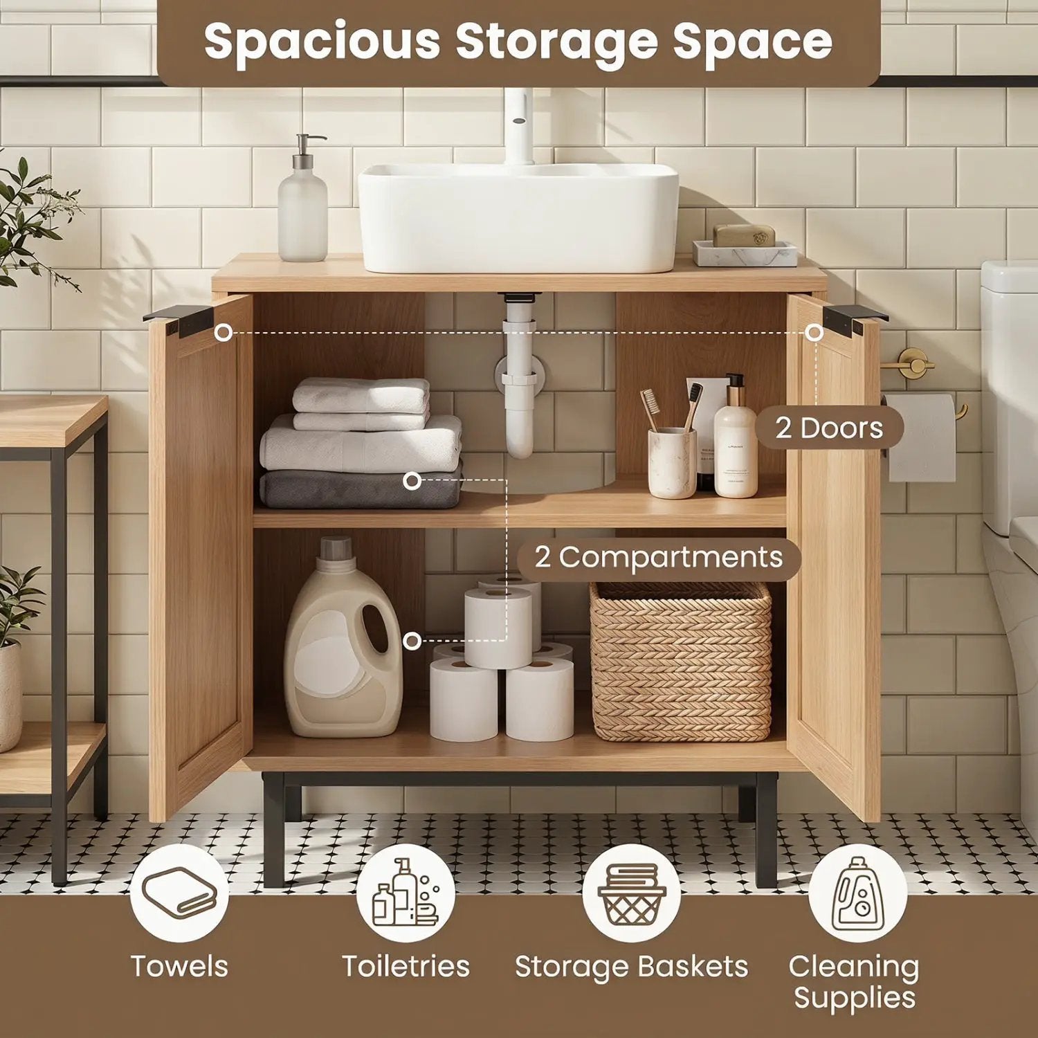 Bathroom Vanity Cabinet with Rattan Doors and U-Shaped Cut-Out by DirectDeals