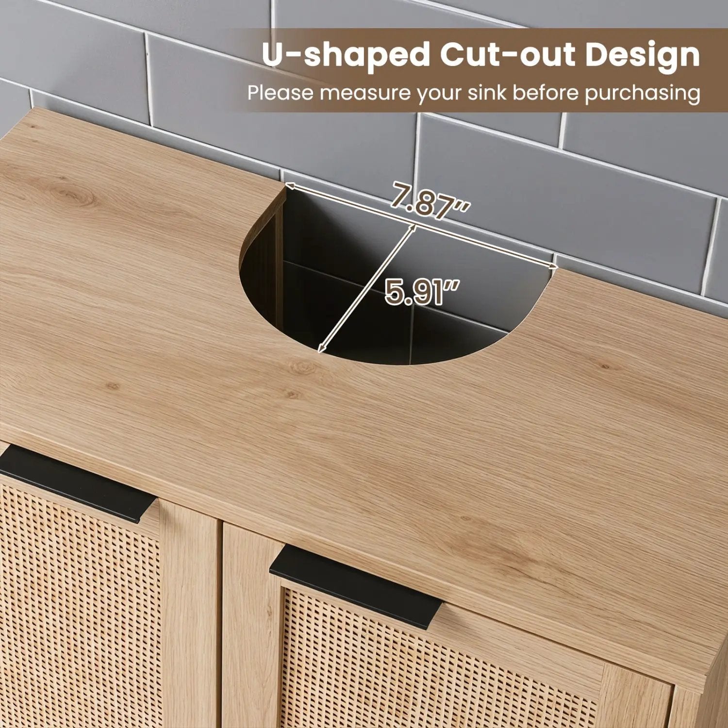 Bathroom Vanity Cabinet with Rattan Doors and U-Shaped Cut-Out by DirectDeals