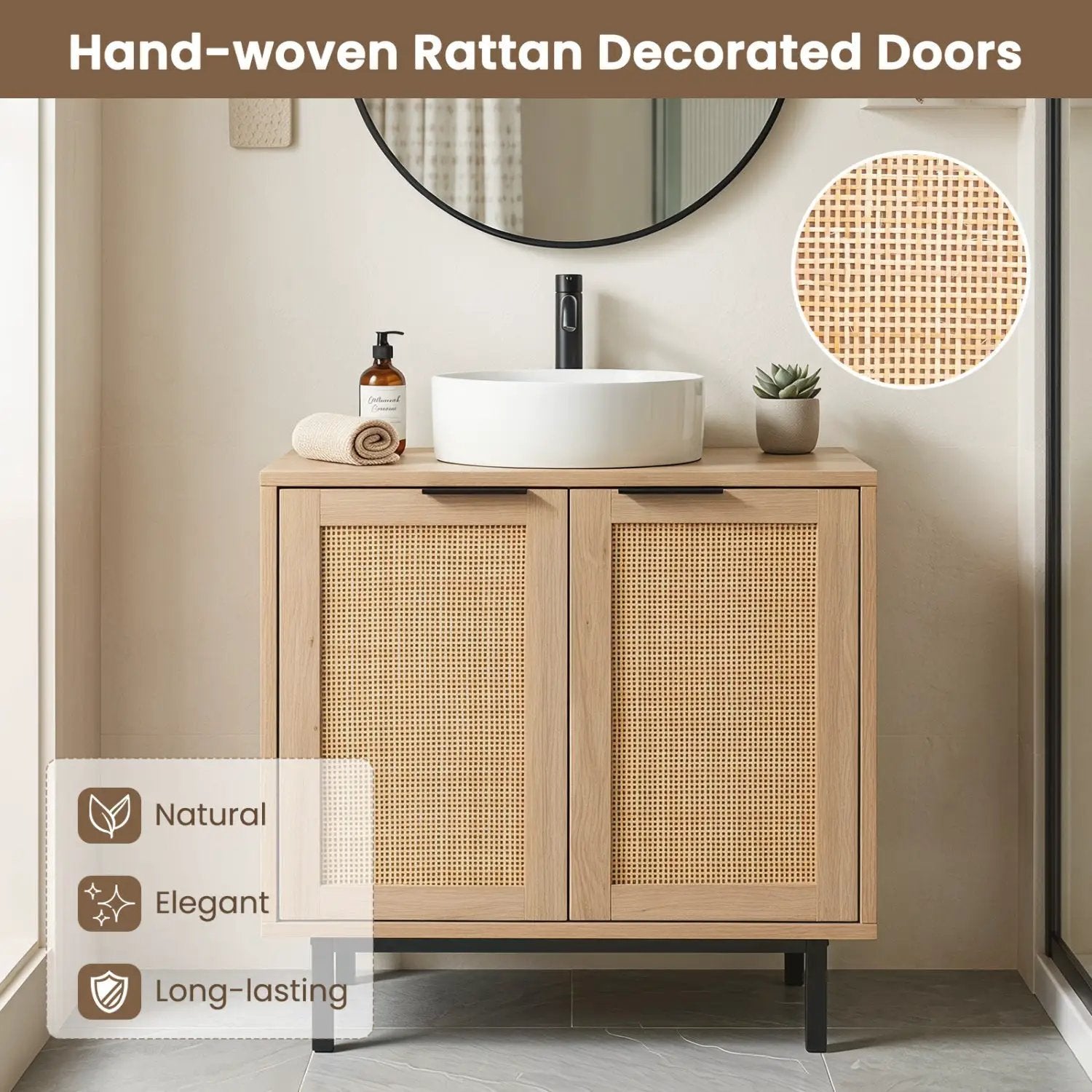 Bathroom Vanity Cabinet with Rattan Doors and U-Shaped Cut-Out by DirectDeals