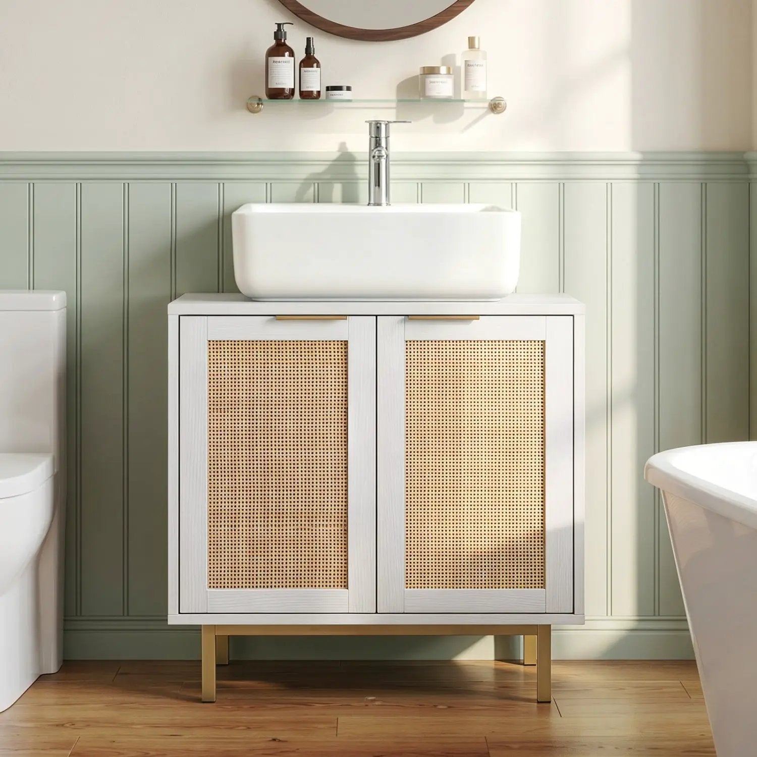 Bathroom Vanity Cabinet with Rattan Doors and U-Shaped Cut-Out by DirectDeals