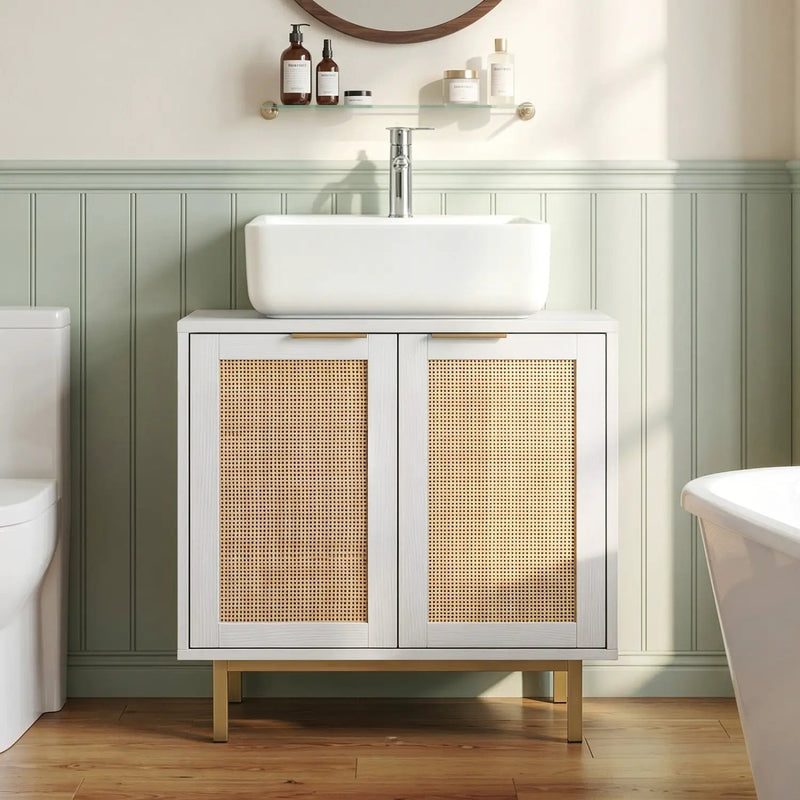 Bathroom Vanity Cabinet with Rattan Doors and U-Shaped Cut-Out by DirectDeals