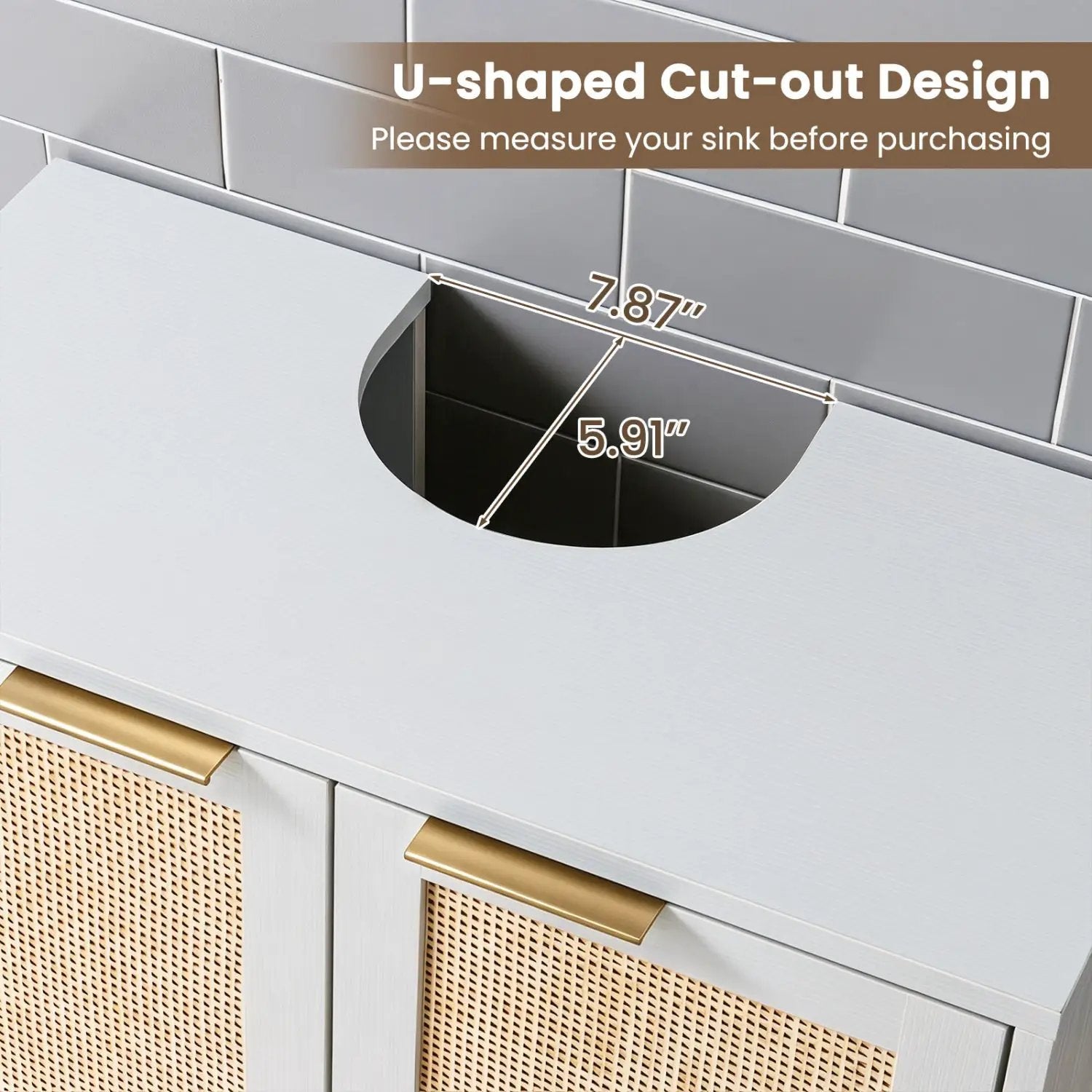 Bathroom Vanity Cabinet with Rattan Doors and U-Shaped Cut-Out by DirectDeals