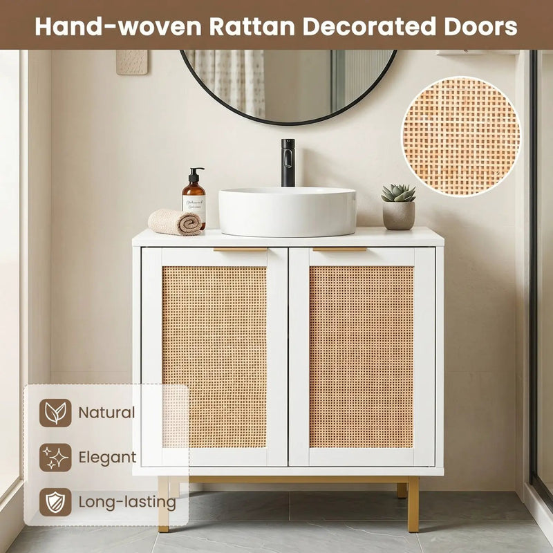 Bathroom Vanity Cabinet with Rattan Doors and U-Shaped Cut-Out by DirectDeals