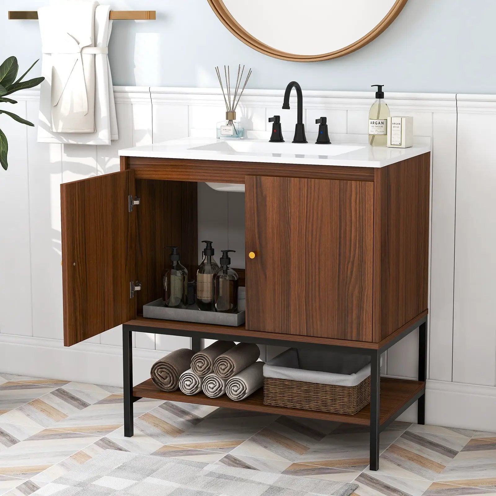 31 Inch Bathroom Vanity Sink Combo with Doors and Open Shelf-Walnut by DirectDeals