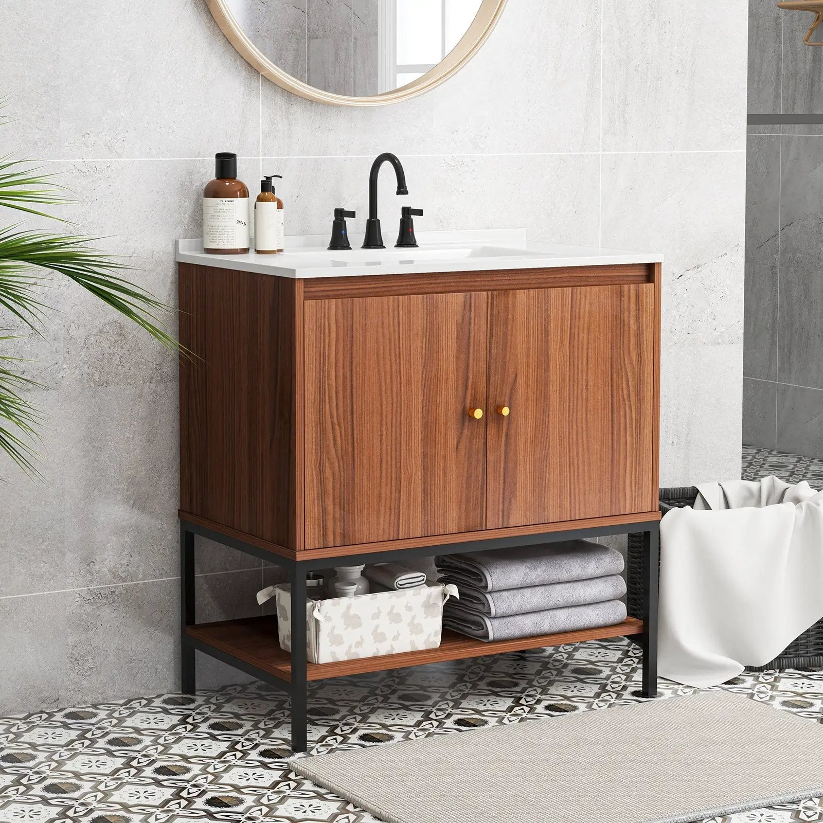 31 Inch Bathroom Vanity Sink Combo with Doors and Open Shelf-Walnut by DirectDeals
