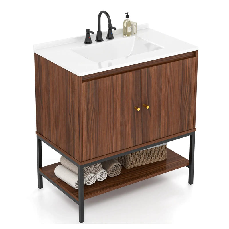 31 Inch Bathroom Vanity Sink Combo with Doors and Open Shelf-Walnut by DirectDeals