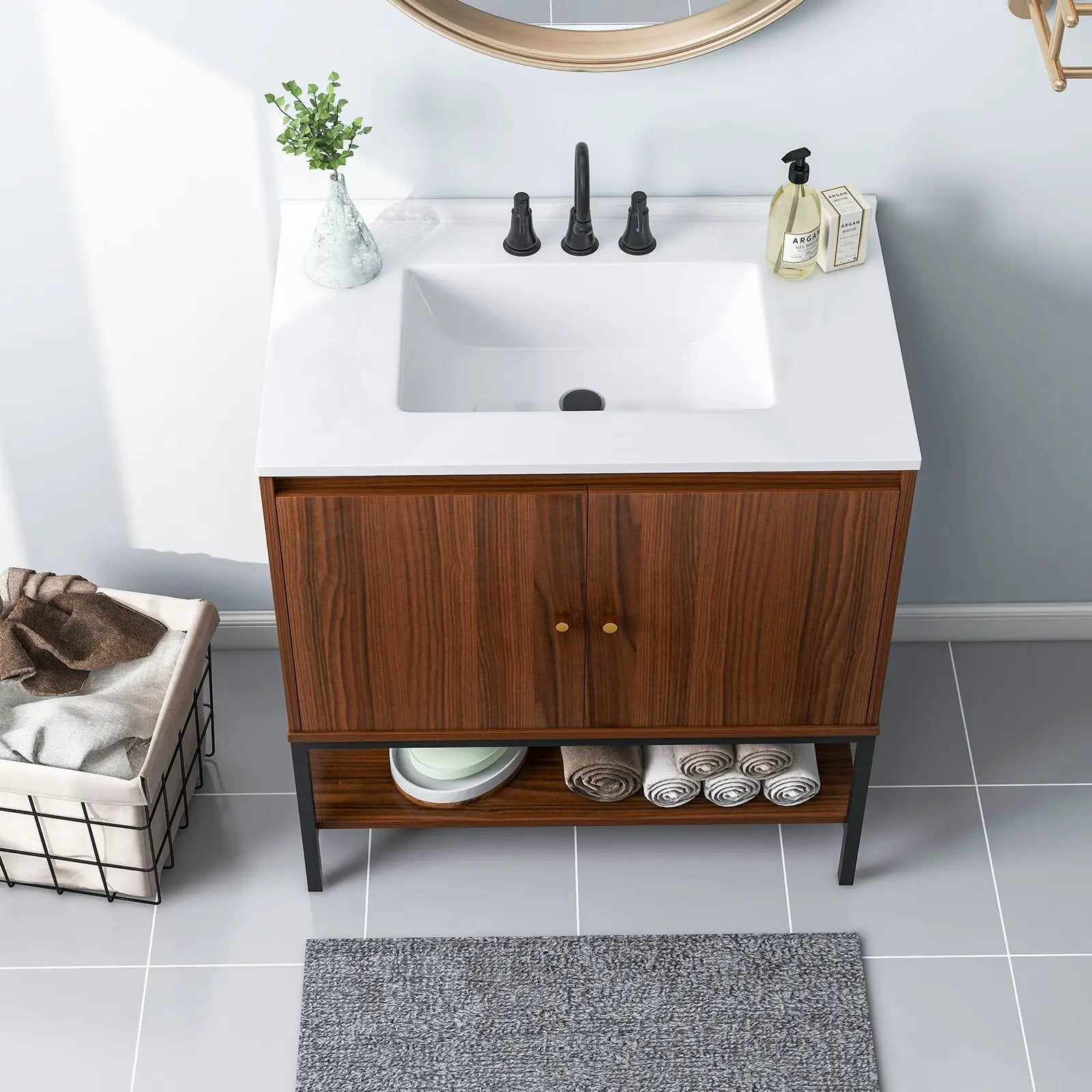 31 Inch Bathroom Vanity Sink Combo with Doors and Open Shelf-Walnut by DirectDeals