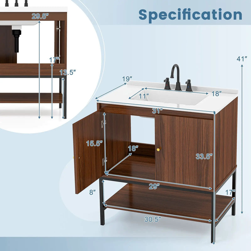 31 Inch Bathroom Vanity Sink Combo with Doors and Open Shelf-Walnut by DirectDeals