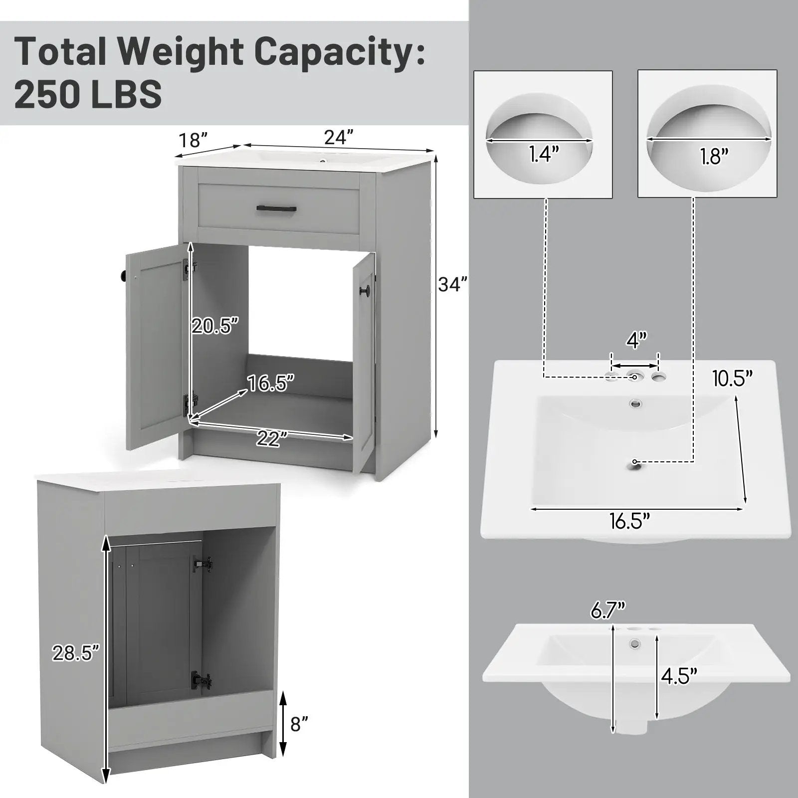 Bathroom Vanity Unit with Basin and 2 Doors-Gray by DirectDeals