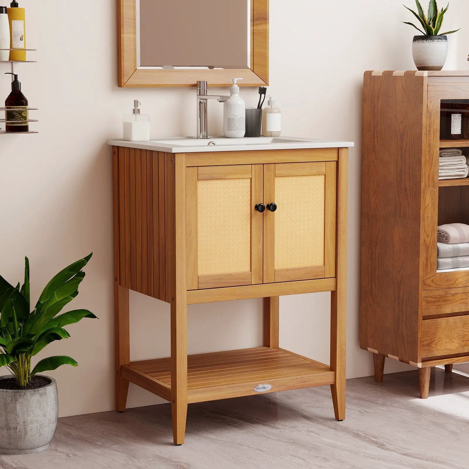 Bathroom Vanity with Ceramic Sink 2 Rattan Doors and Slatted Shelf by DirectDeals