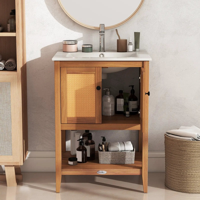 Bathroom Vanity with Ceramic Sink 2 Rattan Doors and Slatted Shelf by DirectDeals