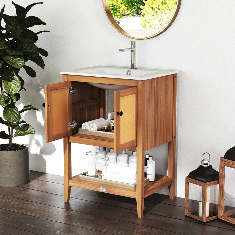 Bathroom Vanity with Ceramic Sink 2 Rattan Doors and Slatted Shelf by DirectDeals