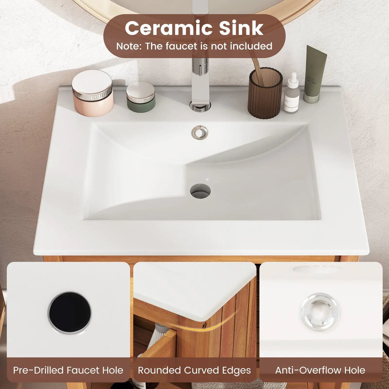 Bathroom Vanity with Ceramic Sink 2 Rattan Doors and Slatted Shelf by DirectDeals