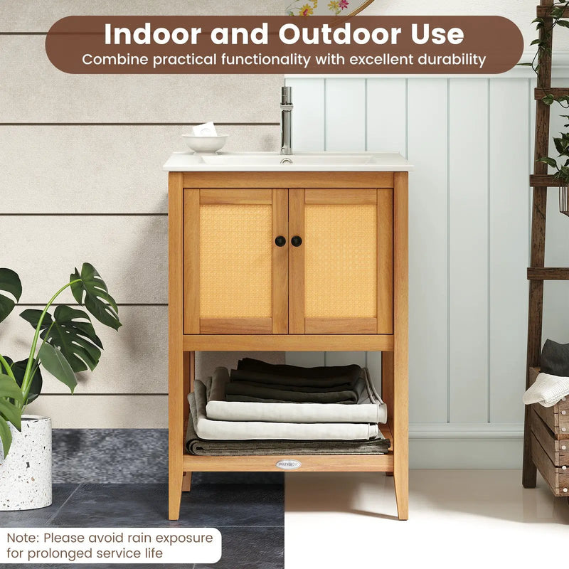Bathroom Vanity with Ceramic Sink 2 Rattan Doors and Slatted Shelf by DirectDeals