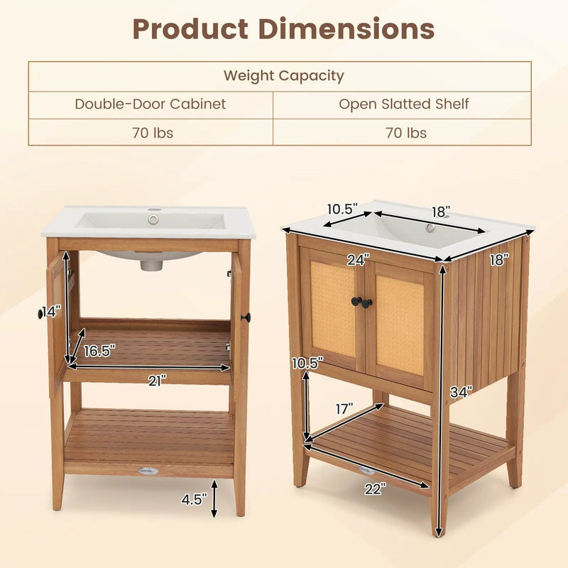 Bathroom Vanity with Ceramic Sink 2 Rattan Doors and Slatted Shelf by DirectDeals