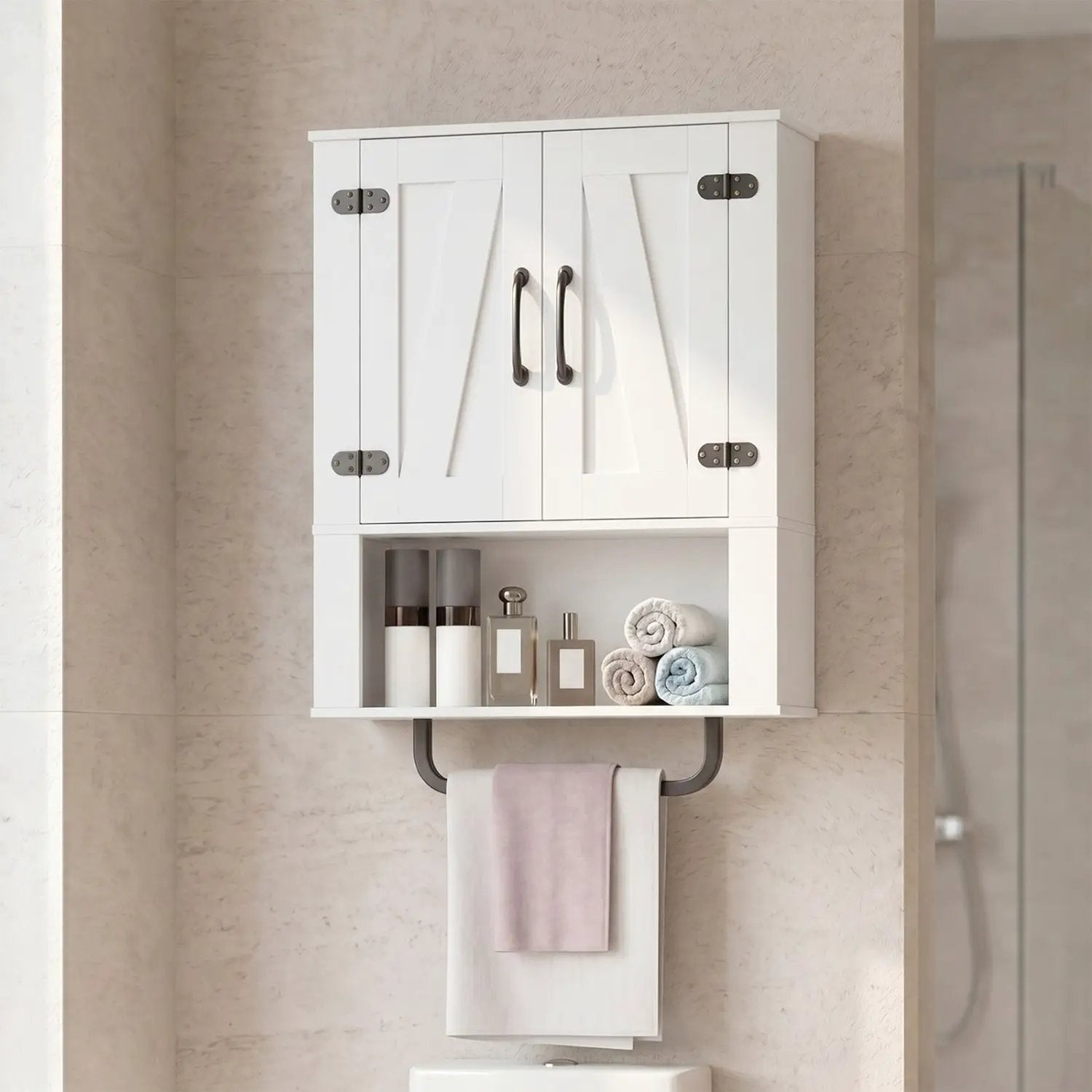 Bathroom Wall Cabinet with Barn Doors and Towel Bar by DirectDeals