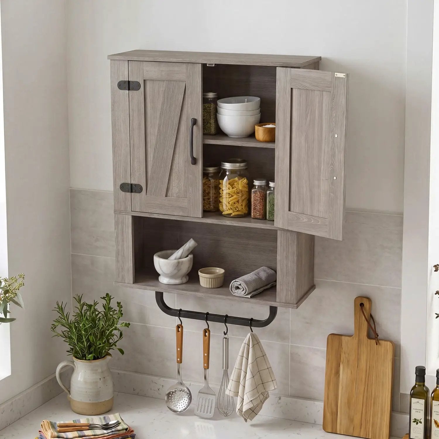 Bathroom Wall Cabinet with Barn Doors and Towel Bar by DirectDeals