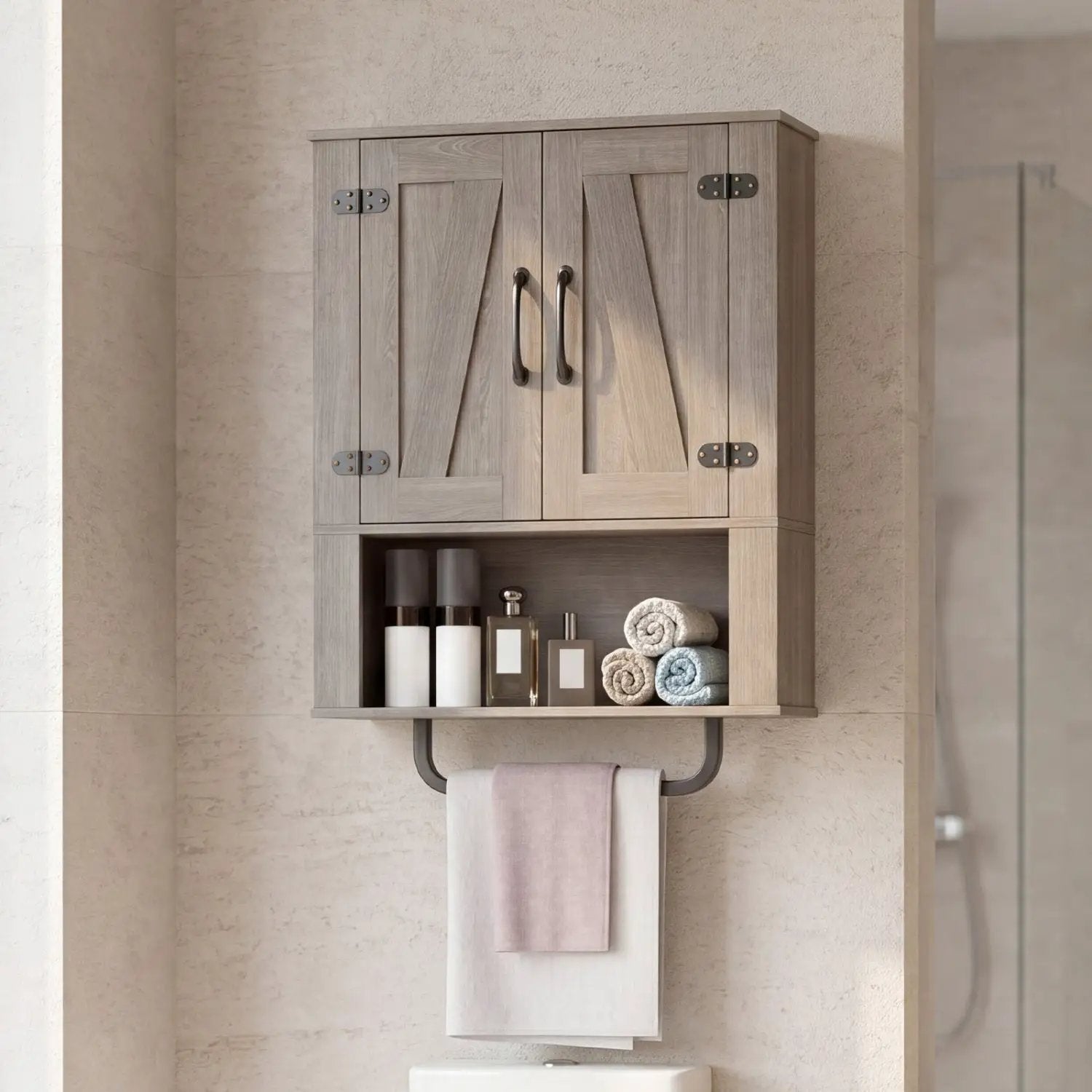Bathroom Wall Cabinet with Barn Doors and Towel Bar by DirectDeals