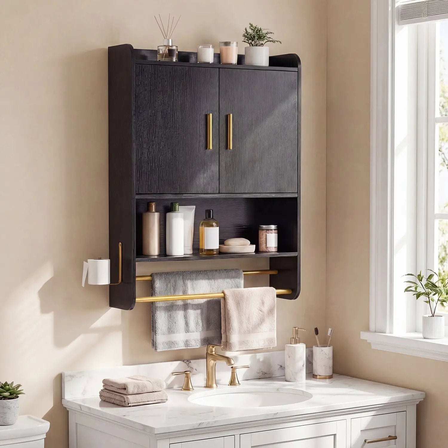 Wall Mounted Bathroom Cabinet with Towel Bars - Black by DirectDeals