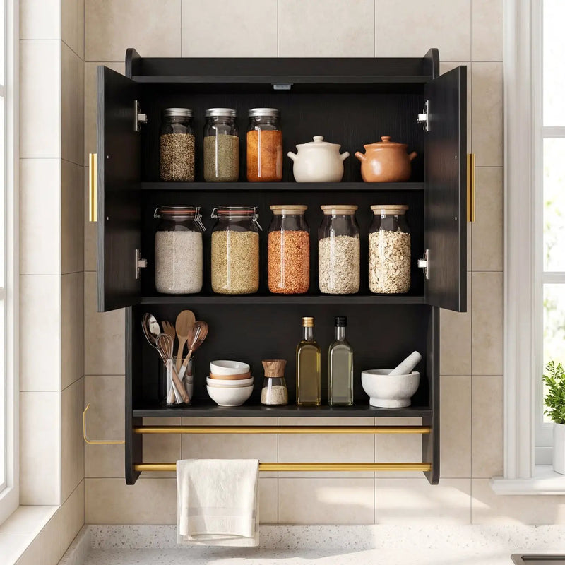 Wall Mounted Bathroom Cabinet with Towel Bars - Black by DirectDeals