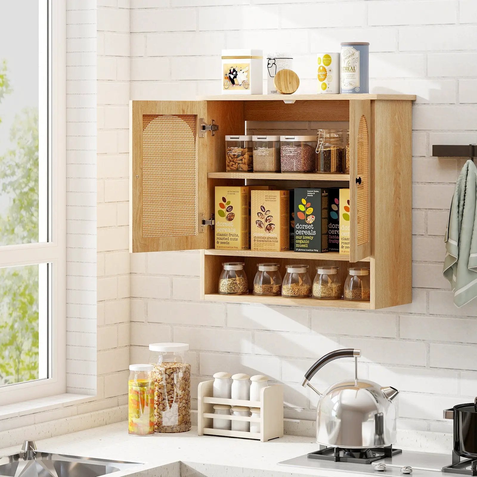 Bathroom Wall Cabinet with PE Rattan Doors and Adjustable Shelves-Natural by DirectDeals